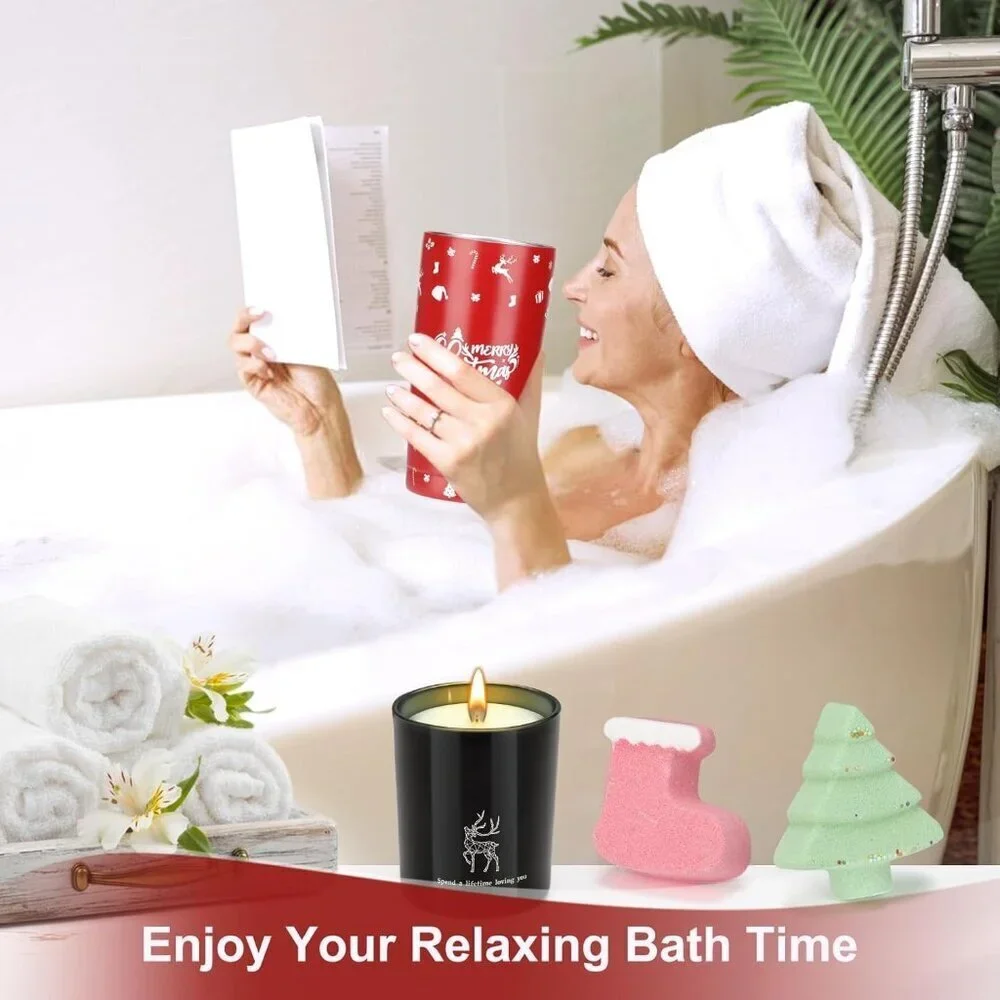 7pc Christmas Gift Set for Women Spa Kit with Tumbler Holiday Basket Self Care